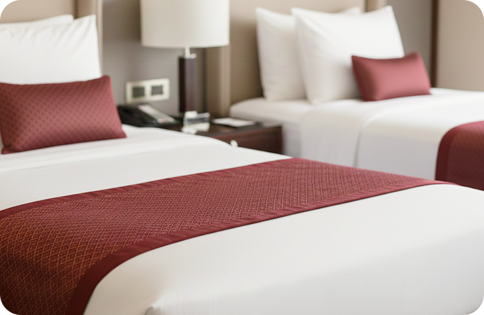 bedroom with a large bed, two bedside tables with lamps, and a window with curtains, showcasing the comfort and style of our rooms